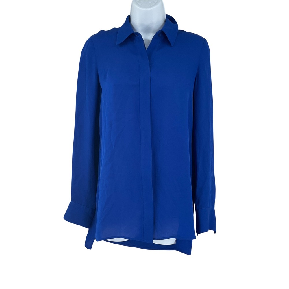 Vince Silk Button Down Shirt Blue Long Sleeve Collar Sz 4 Capsule Luxe Timeless